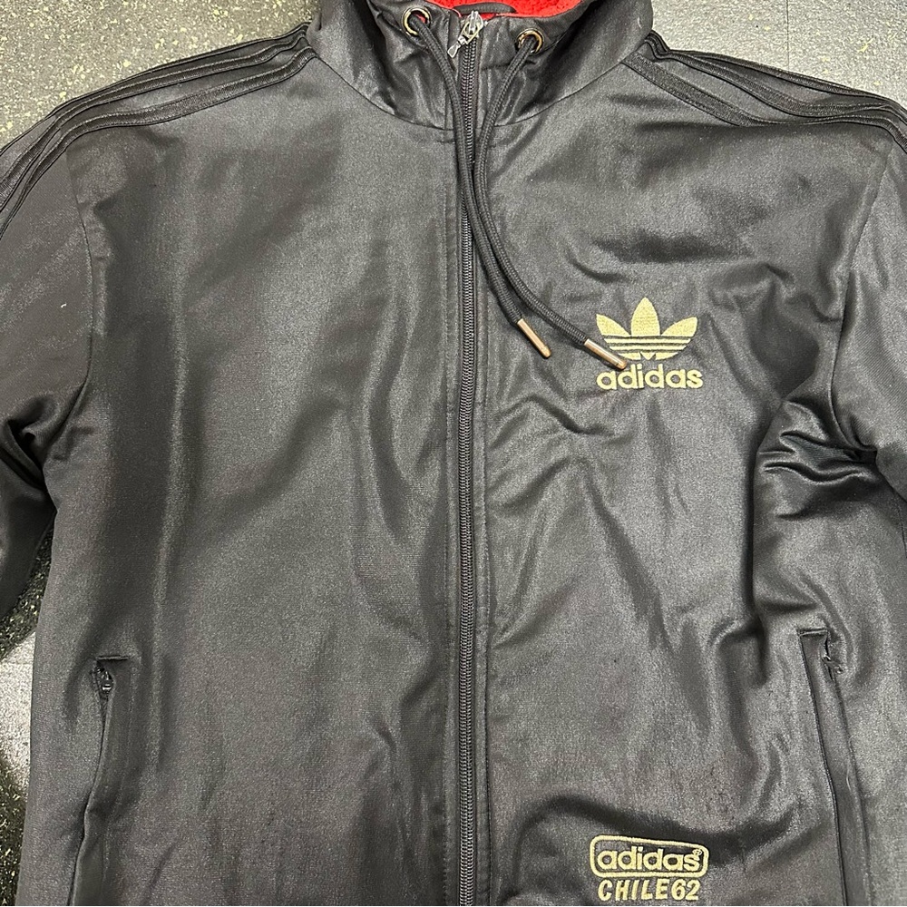 Adidas Black Bomber Jacket with Red Hood, Chile 62, Vintage & Rare - Picture 2 of 8